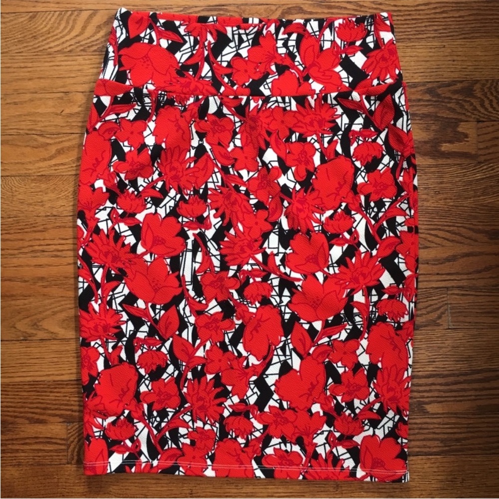 LuLaRoe Red and Black Floral Pencil Skirt L (12-16) - Picture 2 of 5